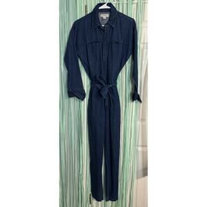 GUESS Long Sleeve Dark Denim Jumpsuit, Pockets, Tie Waist, Collar, XS